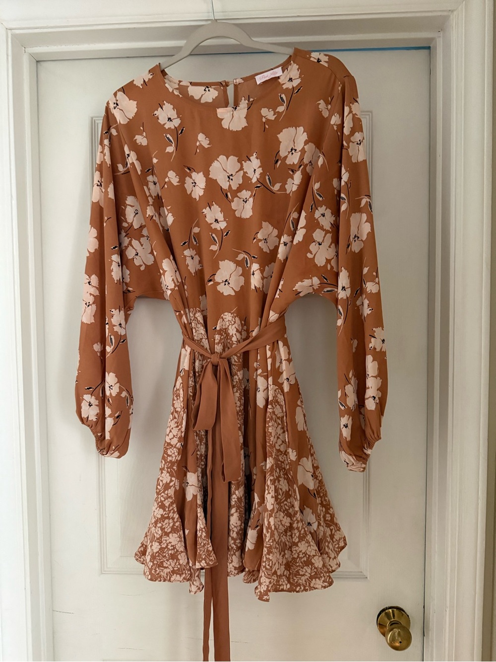 Pink Lily Rust Floral Mini Dress with Ivory Blooms